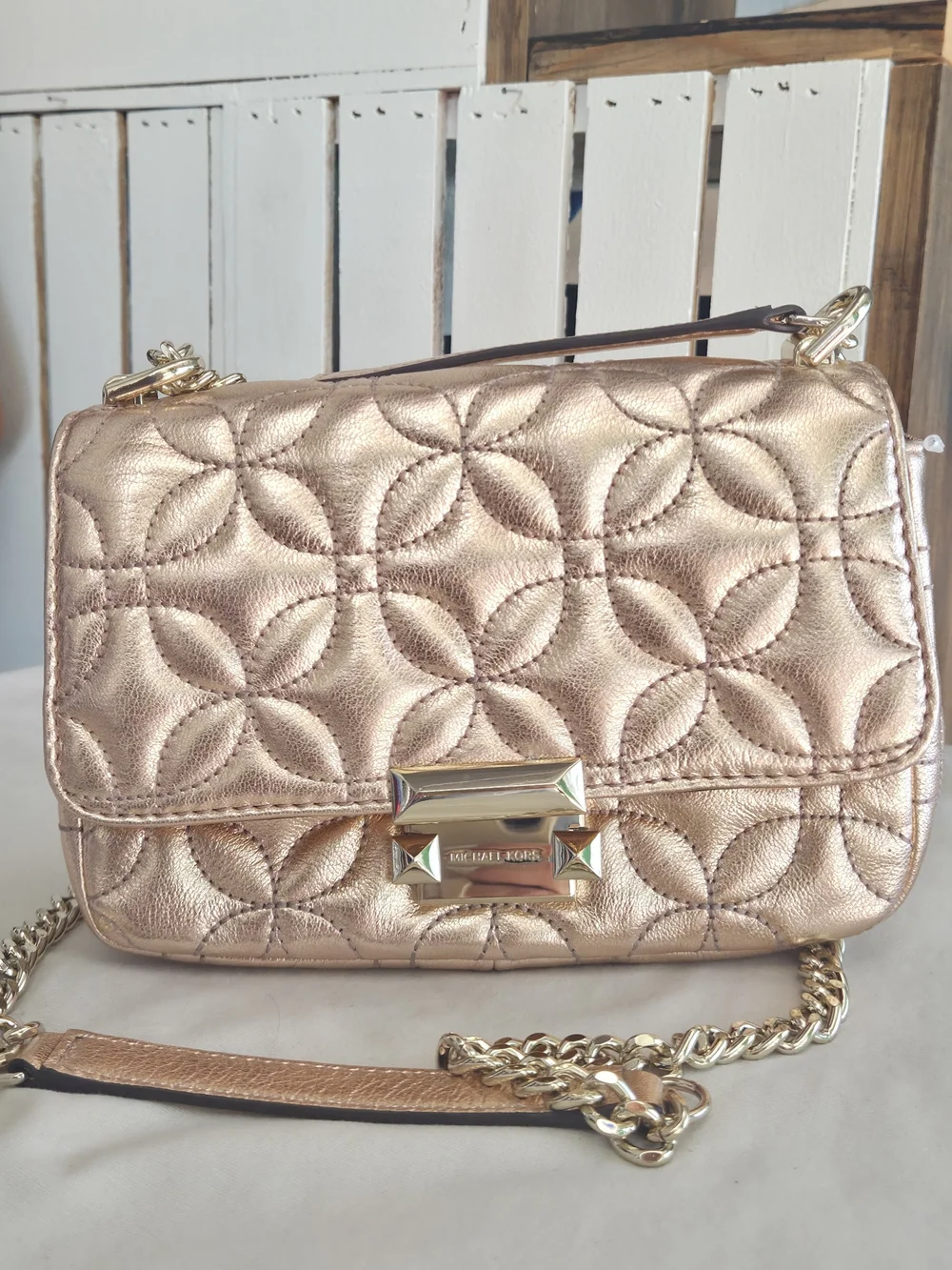 NWOT Michael Kors Metallic Rose Gold Quilted Chain Shoulder Crossbody